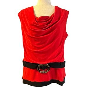 Frank Lyman Design Red Black Sleeveless Draped Neck Blouse Buckle Detail Size 16
